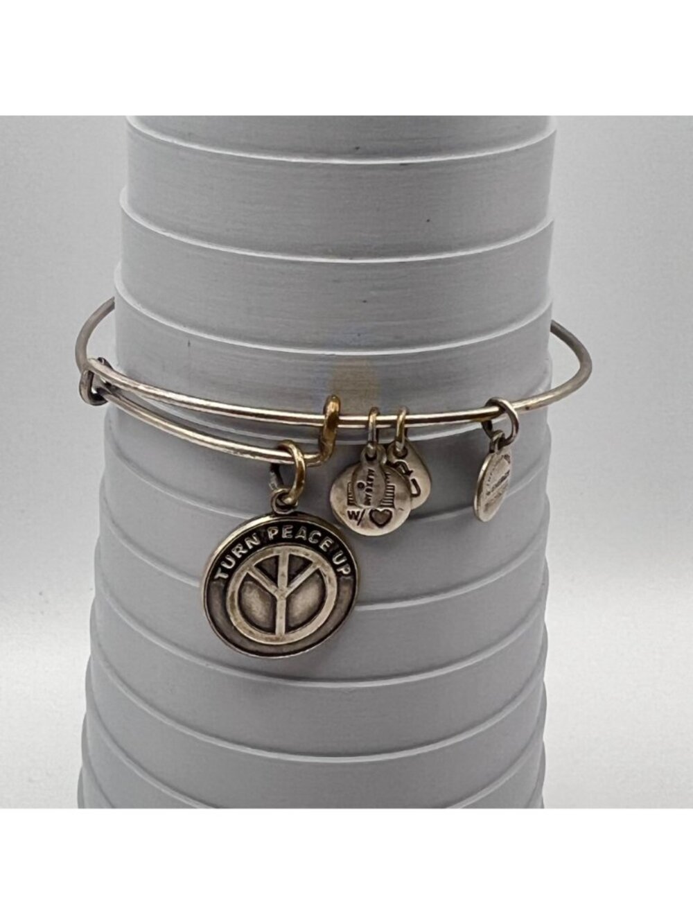 Alex And Ani 2014 Turn Peace Up Silver Tone Adjustable Charm Bangle Bracelet - Picture 5 of 6